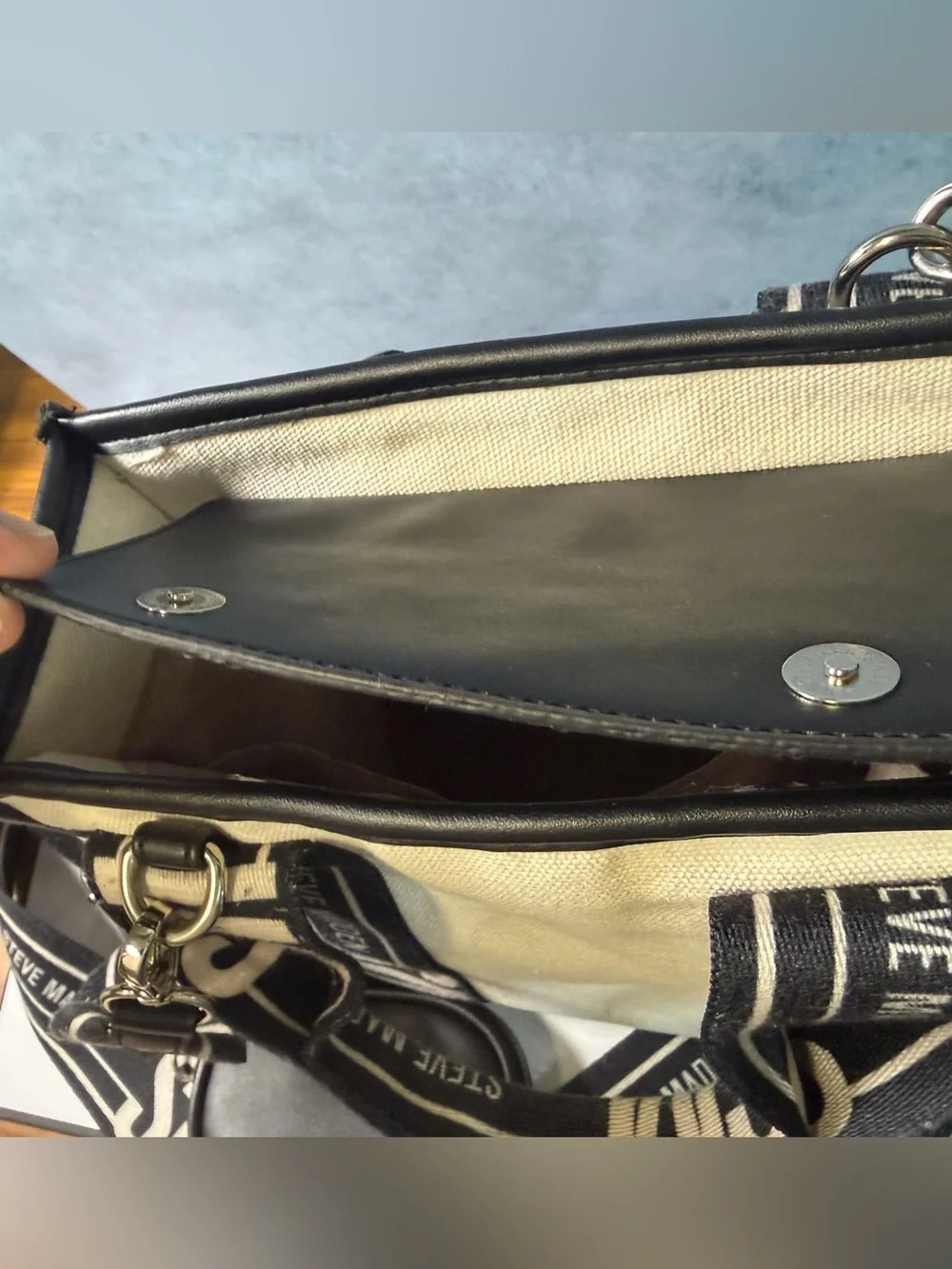 Steve Madden Black & Cream Logo Strap Tote with Coin Pouch